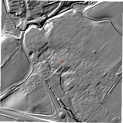 Shaded relief map of the ground around YO194QG, computed from Environment Agency LiDAR. The ground here sits at about 10 m above sea level and falls 12 m across the surrounding 800 m. Surface water reaching this point runs off ground lying to the south-east, 0.7 m higher.