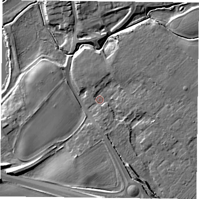 Shaded relief map of the ground around YO194QH, computed from Environment Agency LiDAR. The ground here sits at about 9 m above sea level and falls 13 m across the surrounding 800 m. Surface water reaching this point runs off ground lying to the south-south-east, 4.9 m higher.