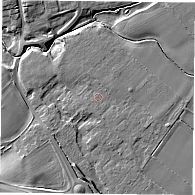 Shaded relief map of the ground around YO194QJ, computed from Environment Agency LiDAR. The ground here sits at about 10 m above sea level and falls 11 m across the surrounding 800 m. Surface water reaching this point runs off ground lying to the south-south-east, 1.1 m higher.