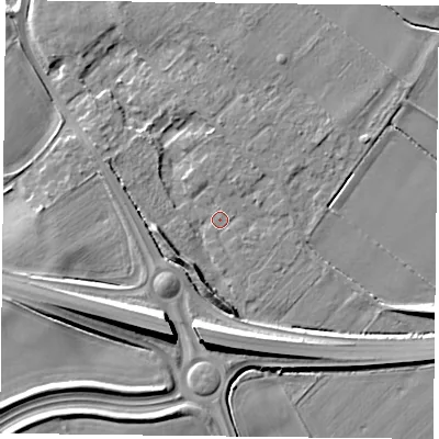 Shaded relief map of the ground around YO194QN, computed from Environment Agency LiDAR. The ground here sits at about 10 m above sea level and falls 11 m across the surrounding 800 m. Surface water reaching this point runs off ground lying to the south-west, 8.9 m higher.