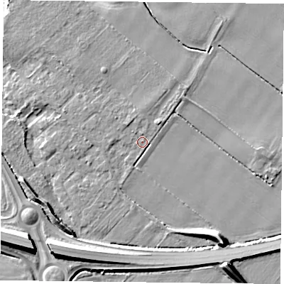 Shaded relief map of the ground around YO194QP, computed from Environment Agency LiDAR. The ground here sits at about 10 m above sea level and falls 10 m across the surrounding 800 m. Surface water reaching this point runs off ground lying to the north-west, 0.9 m higher.