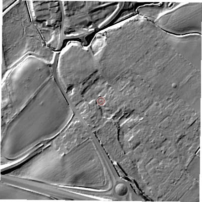 Shaded relief map of the ground around YO194QQ, computed from Environment Agency LiDAR. The ground here sits at about 9 m above sea level and falls 12 m across the surrounding 800 m. Surface water reaching this point runs off ground lying to the south-south-east, 4.8 m higher.