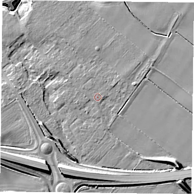 Shaded relief map of the ground around YO194QR, computed from Environment Agency LiDAR. The ground here sits at about 11 m above sea level and falls 12 m across the surrounding 800 m. The ground contributing surface water to this point lies to the west-north-west.