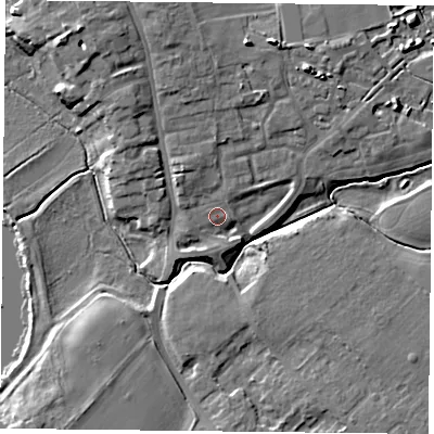 Shaded relief map of the ground around YO194QT, computed from Environment Agency LiDAR. The ground here sits at about 10 m above sea level and falls 12 m across the surrounding 800 m. Surface water reaching this point runs off ground lying to the north-west, 3.9 m higher.