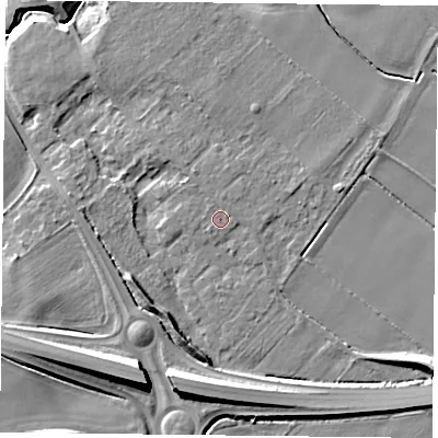 Shaded relief map of the ground around YO194QW, computed from Environment Agency LiDAR. The ground here sits at about 11 m above sea level and falls 12 m across the surrounding 800 m. The ground contributing surface water to this point lies to the east-north-east.