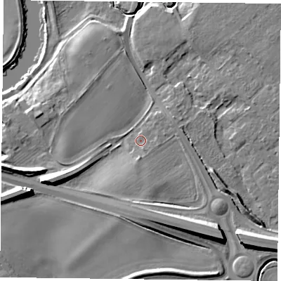 Shaded relief map of the ground around YO194RF, computed from Environment Agency LiDAR. The ground here sits at about 10 m above sea level and falls 13 m across the surrounding 800 m. Surface water reaching this point runs off ground lying to the south-south-east, 8.3 m higher.