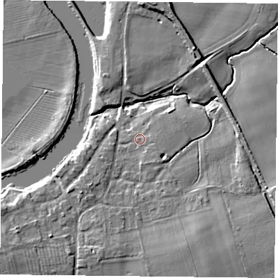 Shaded relief map of the ground around YO194RJ, computed from Environment Agency LiDAR. The ground here sits at about 9 m above sea level and falls 8 m across the surrounding 800 m. Surface water reaching this point runs off ground lying to the east-south-east, 1.6 m higher.