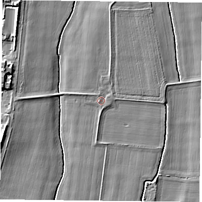 Shaded relief map of the ground around YO194RN, computed from Environment Agency LiDAR. The ground here sits at about 10 m above sea level and falls 8 m across the surrounding 800 m. Surface water reaching this point runs off ground lying to the west, 0.6 m higher.