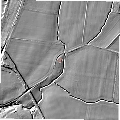 Shaded relief map of the ground around YO194RP, computed from Environment Agency LiDAR. The ground here sits at about 10 m above sea level and falls 8 m across the surrounding 800 m. Surface water reaching this point runs off ground lying to the south-west, 3.5 m higher.