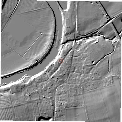 Shaded relief map of the ground around YO194RR, computed from Environment Agency LiDAR. The ground here sits at about 9 m above sea level and falls 9 m across the surrounding 800 m. Surface water reaching this point runs off ground lying to the west, 1.1 m higher.