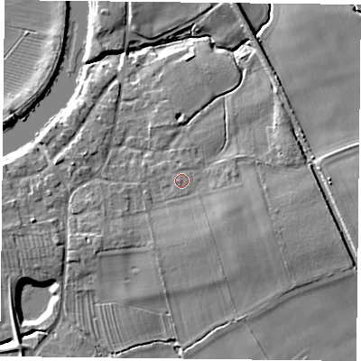 Shaded relief map of the ground around YO194RS, computed from Environment Agency LiDAR. The ground here sits at about 10 m above sea level and falls 9 m across the surrounding 800 m. Surface water reaching this point runs off ground lying to the east-south-east, 2.7 m higher.
