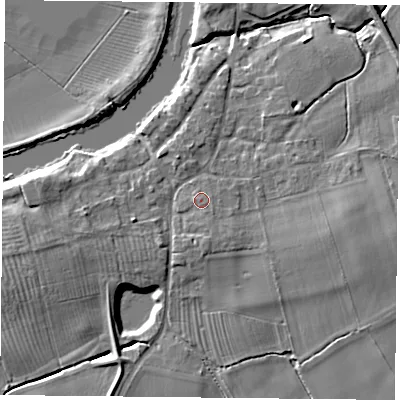 Shaded relief map of the ground around YO194RT, computed from Environment Agency LiDAR. The ground here sits at about 10 m above sea level and falls 9 m across the surrounding 800 m. Surface water reaching this point runs off ground lying to the south-south-east, 1.0 m higher.