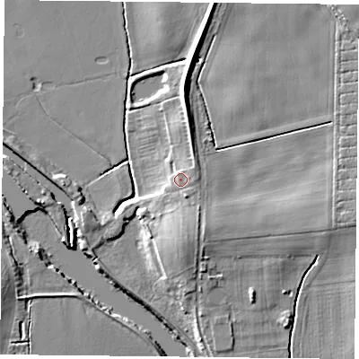 Shaded relief map of the ground around YO194RU, computed from Environment Agency LiDAR. The ground here sits at about 9 m above sea level and falls 8 m across the surrounding 800 m. Surface water reaching this point runs off ground lying to the east, 2.0 m higher.