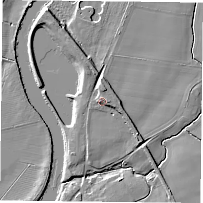 Shaded relief map of the ground around YO194RW, computed from Environment Agency LiDAR. The ground here sits at about 12 m above sea level and falls 9 m across the surrounding 800 m. Surface water reaching this point runs off ground lying to the north, 2.6 m higher.