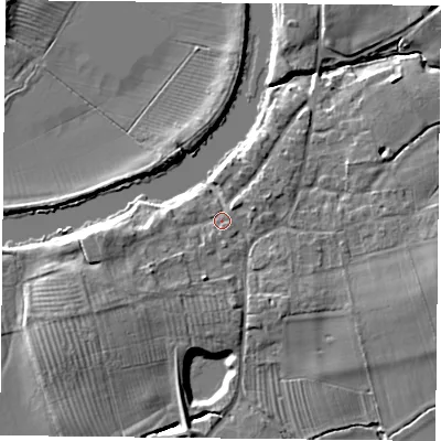 Shaded relief map of the ground around YO194RX, computed from Environment Agency LiDAR. The ground here sits at about 9 m above sea level and falls 8 m across the surrounding 800 m. Surface water reaching this point runs off ground lying to the south-west, 2.8 m higher.