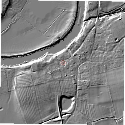 Shaded relief map of the ground around YO194RY, computed from Environment Agency LiDAR. The ground here sits at about 9 m above sea level and falls 7 m across the surrounding 800 m. Surface water reaching this point runs off ground lying to the west, 3.1 m higher.