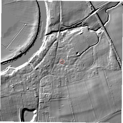 Shaded relief map of the ground around YO194RZ, computed from Environment Agency LiDAR. The ground here sits at about 9 m above sea level and falls 9 m across the surrounding 800 m. Surface water reaching this point runs off ground lying to the south-east, 4.4 m higher.