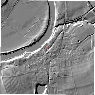 Shaded relief map of the ground around YO194SA, computed from Environment Agency LiDAR. The ground here sits at about 9 m above sea level and falls 9 m across the surrounding 800 m. Surface water reaching this point runs off ground lying to the east-south-east, 1.7 m higher.