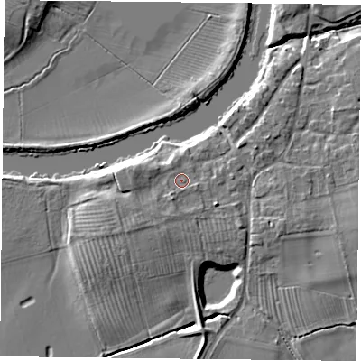 Shaded relief map of the ground around YO194SB, computed from Environment Agency LiDAR. The ground here sits at about 10 m above sea level and falls 7 m across the surrounding 800 m. Surface water reaching this point runs off ground lying to the west-north-west, 2.1 m higher.