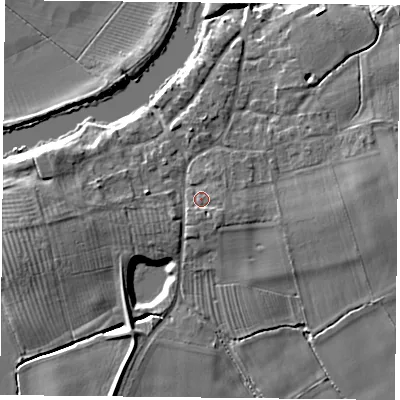 Shaded relief map of the ground around YO194SD, computed from Environment Agency LiDAR. The ground here sits at about 10 m above sea level and falls 8 m across the surrounding 800 m. Surface water reaching this point runs off ground lying to the south-east, 1.7 m higher.