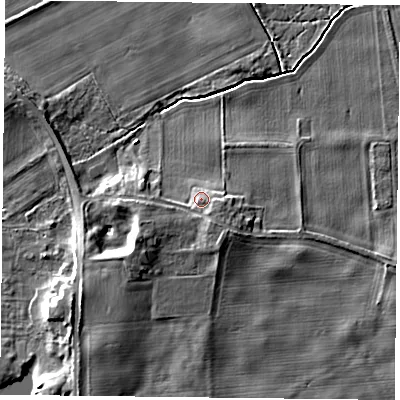 Shaded relief map of the ground around YO194SH, computed from Environment Agency LiDAR. The ground here sits at about 12 m above sea level and falls 7 m across the surrounding 800 m. Surface water reaching this point runs off ground lying to the west-south-west, 4.0 m higher.