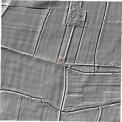 Shaded relief map of the ground around YO194SP, computed from Environment Agency LiDAR. The ground here sits at about 9 m above sea level and falls 3 m across the surrounding 800 m. Surface water reaching this point runs off ground lying to the north-north-east, 1.9 m higher.