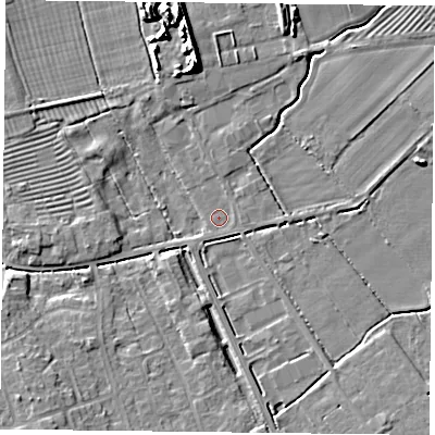 Shaded relief map of the ground around YO195GS, computed from Environment Agency LiDAR. The ground here sits at about 13 m above sea level and falls 9 m across the surrounding 800 m. Surface water reaching this point runs off ground lying to the south-east, 3.6 m higher.
