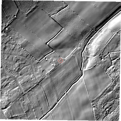 Shaded relief map of the ground around YO195HY, computed from Environment Agency LiDAR. The ground here sits at about 13 m above sea level and falls 12 m across the surrounding 800 m. Surface water reaching this point runs off ground lying to the south-west, 1.2 m higher.