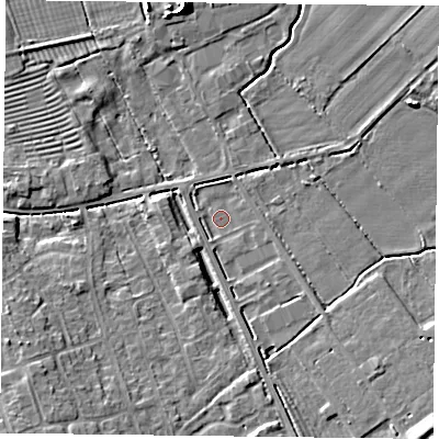 Shaded relief map of the ground around YO195JA, computed from Environment Agency LiDAR. The ground here sits at about 13 m above sea level and falls 9 m across the surrounding 800 m. Surface water reaching this point runs off ground lying to the south, 4.5 m higher.