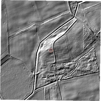 Shaded relief map of the ground around YO195LU, computed from Environment Agency LiDAR. The ground here sits at about 13 m above sea level and falls 6 m across the surrounding 800 m. Surface water reaching this point runs off ground lying to the north-east, 0.7 m higher.