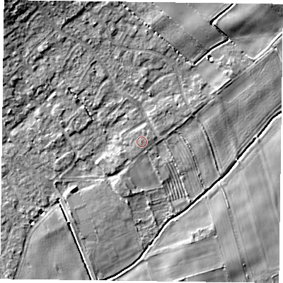 Shaded relief map of the ground around YO195NX, computed from Environment Agency LiDAR. The ground here sits at about 13 m above sea level and falls 8 m across the surrounding 800 m. The ground contributing surface water to this point lies to the south-west.
