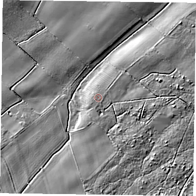 Shaded relief map of the ground around YO195NY, computed from Environment Agency LiDAR. The ground here sits at about 15 m above sea level and falls 8 m across the surrounding 800 m. Surface water reaching this point runs off ground lying to the west-south-west, 0.6 m higher.