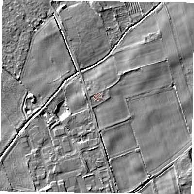 Shaded relief map of the ground around YO195PA, computed from Environment Agency LiDAR. The ground here sits at about 13 m above sea level and falls 4 m across the surrounding 800 m. Surface water reaching this point runs off ground lying to the west, 0.6 m higher.