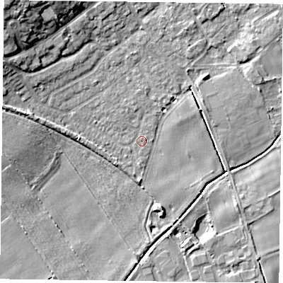 Shaded relief map of the ground around YO195PJ, computed from Environment Agency LiDAR. The ground here sits at about 12 m above sea level and falls 12 m across the surrounding 800 m. Surface water reaching this point runs off ground lying to the north-west, 10.9 m higher.