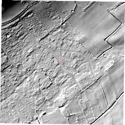Shaded relief map of the ground around YO195RH, computed from Environment Agency LiDAR. The ground here sits at about 13 m above sea level and falls 24 m across the surrounding 800 m. Surface water reaching this point runs off ground lying to the north-west, 17.7 m higher.