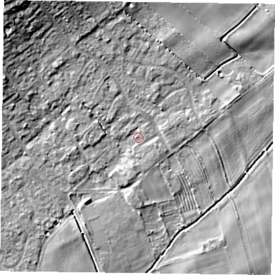 Shaded relief map of the ground around YO195RJ, computed from Environment Agency LiDAR. The ground here sits at about 12 m above sea level and falls 11 m across the surrounding 800 m. Surface water reaching this point runs off ground lying to the north-west, 6.7 m higher.