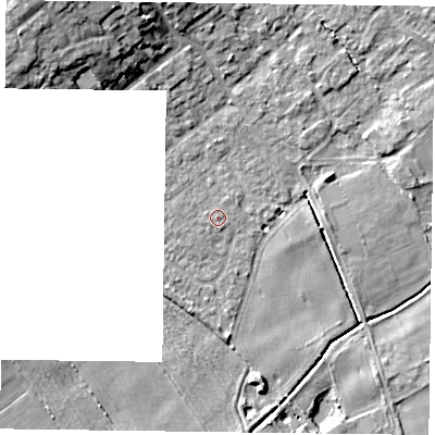 Shaded relief map of the ground around YO195RQ, computed from Environment Agency LiDAR. The ground here sits at about 12 m above sea level and falls 14 m across the surrounding 800 m. Surface water reaching this point runs off ground lying to the north, 1.0 m higher.