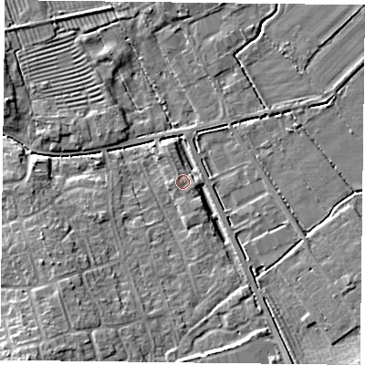 Shaded relief map of the ground around YO195RX, computed from Environment Agency LiDAR. The ground here sits at about 14 m above sea level and falls 8 m across the surrounding 800 m. Surface water reaching this point runs off ground lying to the east-south-east, 0.9 m higher.