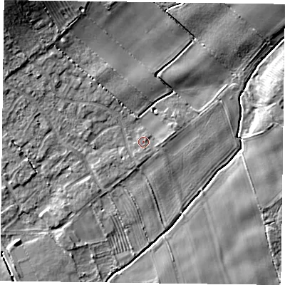 Shaded relief map of the ground around YO195SG, computed from Environment Agency LiDAR. The ground here sits at about 13 m above sea level and falls 11 m across the surrounding 800 m. Surface water reaching this point runs off ground lying to the east-south-east, 0.7 m higher.