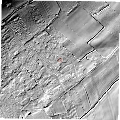 Shaded relief map of the ground around YO195SL, computed from Environment Agency LiDAR. The ground here sits at about 13 m above sea level and falls 21 m across the surrounding 800 m. Surface water reaching this point runs off ground lying to the north-north-west, 11.8 m higher.