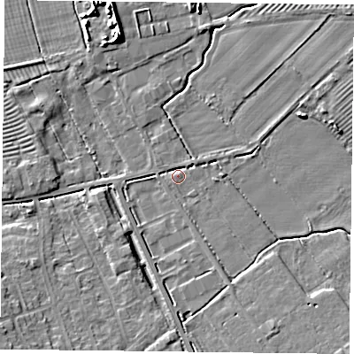 Shaded relief map of the ground around YO195UN, computed from Environment Agency LiDAR. The ground here sits at about 13 m above sea level and falls 9 m across the surrounding 800 m. Surface water reaching this point runs off ground lying to the east-north-east, 2.4 m higher.