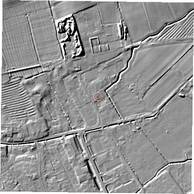 Shaded relief map of the ground around YO195UP, computed from Environment Agency LiDAR. The ground here sits at about 14 m above sea level and falls 9 m across the surrounding 800 m. Surface water reaching this point runs off ground lying to the north-north-west, 0.7 m higher.