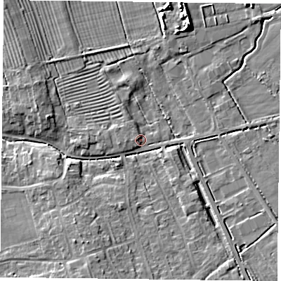 Shaded relief map of the ground around YO195UW, computed from Environment Agency LiDAR. The ground here sits at about 13 m above sea level and falls 9 m across the surrounding 800 m. Surface water reaching this point runs off ground lying to the south-south-west, 5.6 m higher.