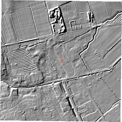 Shaded relief map of the ground around YO195UX, computed from Environment Agency LiDAR. The ground here sits at about 13 m above sea level and falls 9 m across the surrounding 800 m. Surface water reaching this point runs off ground lying to the east-north-east, 3.5 m higher.