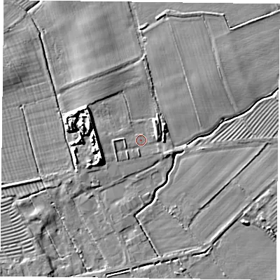 Shaded relief map of the ground around YO195UZ, computed from Environment Agency LiDAR. The ground here sits at about 14 m above sea level and falls 9 m across the surrounding 800 m. Surface water reaching this point runs off ground lying to the west-north-west, 7.1 m higher.