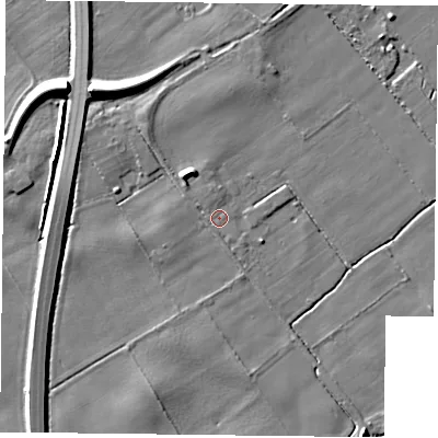 Shaded relief map of the ground around YO195XD, computed from Environment Agency LiDAR. The ground here sits at about 16 m above sea level and falls 9 m across the surrounding 800 m. Surface water reaching this point runs off ground lying to the north-north-west, 3.6 m higher.