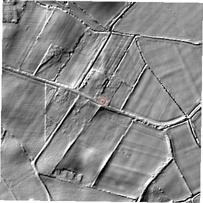 Shaded relief map of the ground around YO195XQ, computed from Environment Agency LiDAR. The ground here sits at about 19 m above sea level and falls 5 m across the surrounding 800 m. Surface water reaching this point runs off ground lying to the south-south-west, 1.4 m higher.