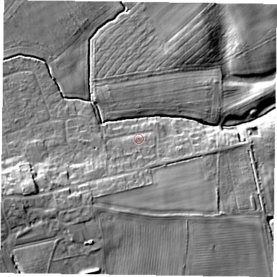 Shaded relief map of the ground around YO196AT, computed from Environment Agency LiDAR. The ground here sits at about 9 m above sea level and falls 11 m across the surrounding 800 m. Surface water reaching this point runs off ground lying to the south-west, 6.1 m higher.
