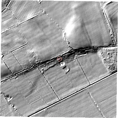 Shaded relief map of the ground around YO196BH, computed from Environment Agency LiDAR. The ground here sits at about 10 m above sea level and falls 8 m across the surrounding 800 m. Surface water reaching this point runs off ground lying to the west-north-west, 2.7 m higher.