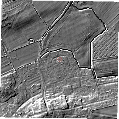 Shaded relief map of the ground around YO196BP, computed from Environment Agency LiDAR. The ground here sits at about 9 m above sea level and falls 10 m across the surrounding 800 m. Surface water reaching this point runs off ground lying to the south-south-west, 8.6 m higher.